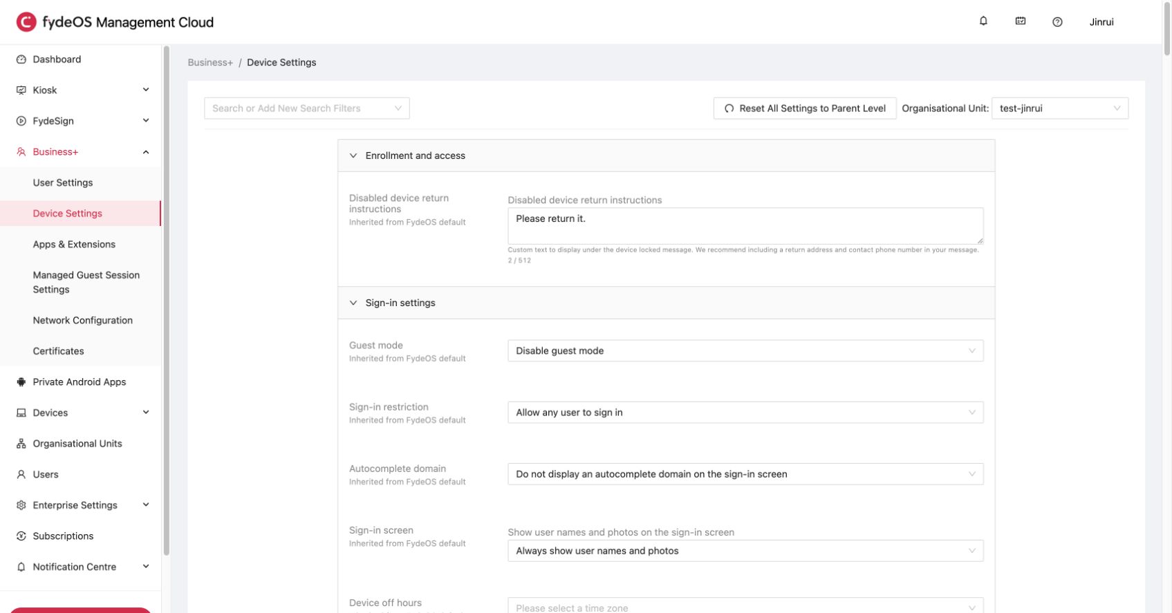 Device settings workflow